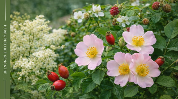 Rosaceae médicinales avec aubépine églantier et reine-des-prés - Herboristerie Sensathé